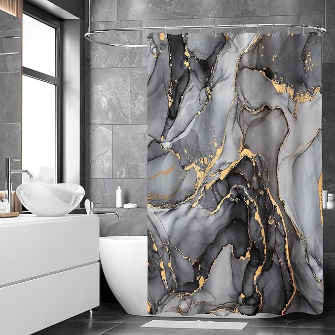 4 Pcs Black Marble Shower Curtain Sets with Rugs Gold Bathroom Sets with Shower Curtain and Rugs Modern Abstract Bathroom Decor Accessories Shower Curtains for Bathroom Toilet Lid Cover