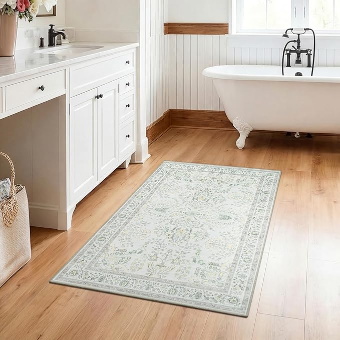 GRANNY SAYS Boho Bathroom Rugs 26"x 18" Non-Slip, Quick Dry & Washable, Vintage Bath Rug, Distressed Farmhouse Plush Velvet Bath Mat, Absorbent for Shower Toilet Sink, Pet Friendly - Vintage Green