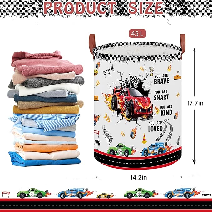 Race Car Room Decor Laundry Basket,Waterproof Car Themed Storage Bins for Boys,Collapsible Kids Nursery Hamper with Race Car Parking Sign(Round)