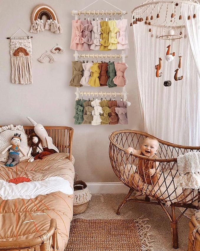 POVETIRE Baby Headband Holder, Hair Bows and Accessories Storage Organizer, Wall Hanging Decor for Nursery Toddler Girls Room (Beige-1)