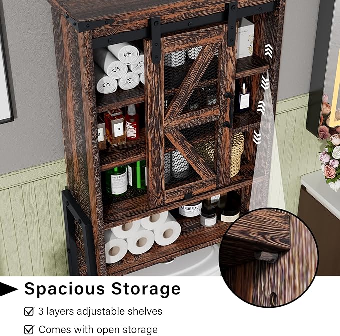 Over The Toilet Storage Cabinet with Sliding Barn Door, Over Toilet Bathroom Organizer with Adjustable Shelves and Metal Frame, Farmhouse Space Saver The Toilet Rack (Brown)