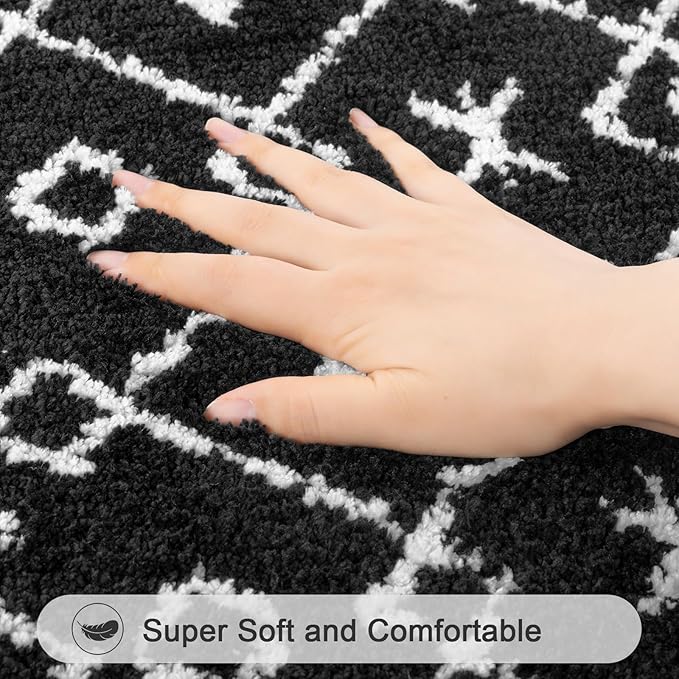HEBE Bathroom Rugs Sets 5 Piece, Soft Absorbent Microfiber Bath Mat for Bathroom, Non Slip Washable Bath Rug Set with Toilet Cover, Bath Runner and U-Shaped Contour Toilet Rug, Black
