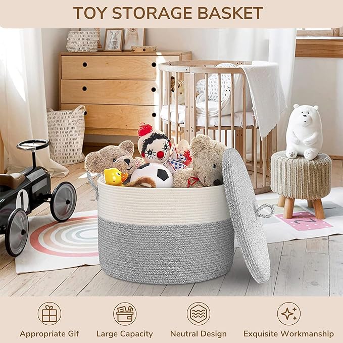 21" x 18" Extra Large storage baskets,Decorative blanket basket with lid for Living room,rope baskets with lid,wicker hamper for bedroom,Big,Round,White & Grey 115L