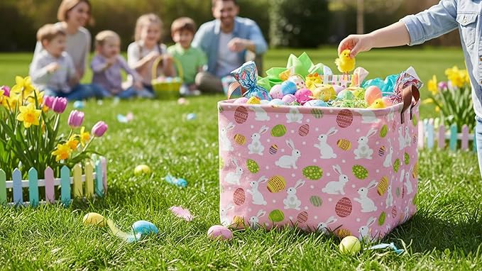 Rectangle Storage Basket,Gift Basket Empty with Handles,Cute Organizer, Room Decor(Pink Easter)