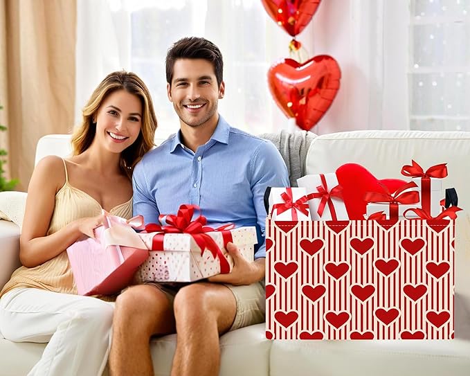 Large Valentine's Day Basket Heart Shaped Storage Bin for Gifts Collapsible Organizer Room Decor (Vertical Bar Red Love)