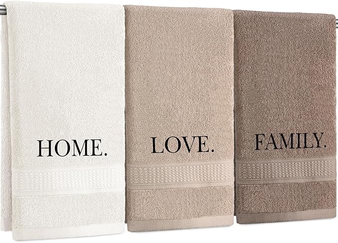 3 Pcs Home Love Family Hand Towels Farmhouse Decorative Embroidered Bathroom Hand Towels Rustic 100% Cotton Brown Hand Towels Set for Boho Bathroom Kitchen Decor