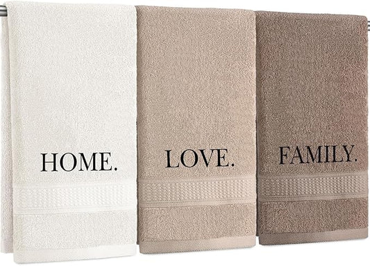 3 Pcs Home Love Family Hand Towels Farmhouse Decorative Embroidered Bathroom Hand Towels Rustic 100% Cotton Brown Hand Towels Set for Boho Bathroom Kitchen Decor