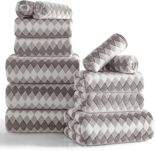 12 Pcs Light Gray Diamond Towel Set-4 Bath Towels,4 Hand Towels,4 Washcloths Soft Polyester Towels with Loop Absorbent Shower Towel Quick Dry Beach Chair Towel Family Towels for Bathroom Spa Gym Pool