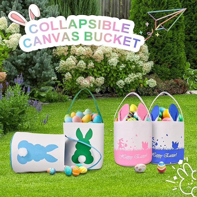 2 Pack Easter Bunny Baskets for Kids - Easter Basket Bags with Handles, Canvas Rabbit Tote Bags for Easter Egg Hunts, Party Gifts, and Storage (Empty) (Green+Blue)