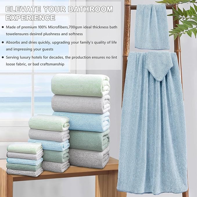 8-Piece Premium Towel Set for Bathroom|2 Oversized Large Bath Sheet,2 Hand Towels,4 Washcloths|Soft Cozy Highly Absorbent Fast Dry Microfiber Shower Towel Set for Hotel Bathroom Essentials,Blue