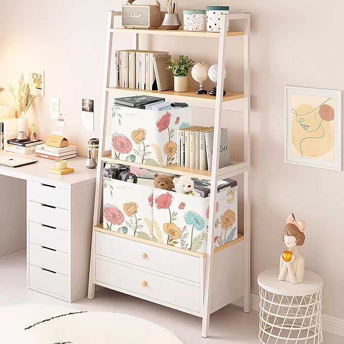 11.8" Wild Flower Storage Cube Organizer Set 3Pcs Clothes Storage Basket Bin for Closet Shelf Garden Butterfly Nursery Kid Room Book Toy Chest, Boho Leaf