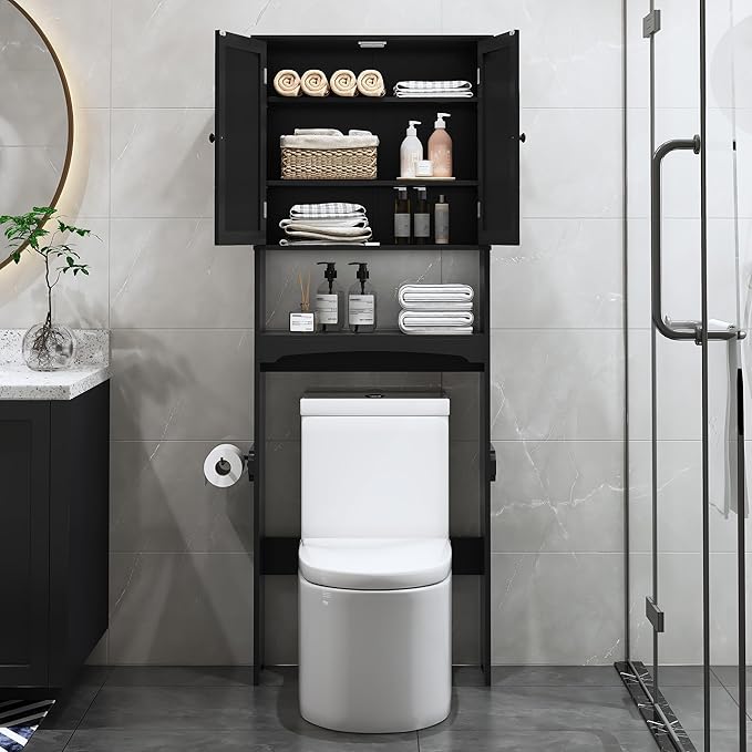 Over The Toilet Storage Cabinet with Gold Trim, Modern Bathroom Organizer Over Toilet with Adjustable Shelves and Toilet Paper Holder for Bathroom (Black)
