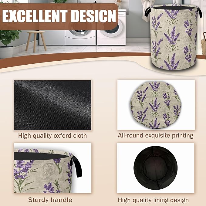 Purple Lavender Flowers Laundry Basket,Waterproof Foldable Laundry Hamper,Dirty Clothes Basket, Linen Bin Storage Organizer Collection 16" x 20.8"