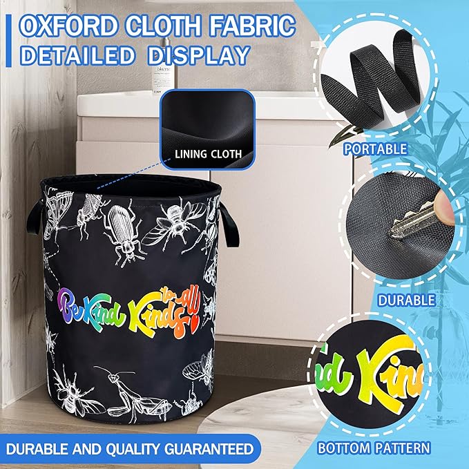 Be Kind To All Kinds Laundry Basket Moths Crickets Animal Oxford Cloth Laundry Hamper With Handle Foldable Portable Clothes Storage Basket 18.9 X 16.5 In Storage Bag For Laundry Room/Bathroom/Bedroom