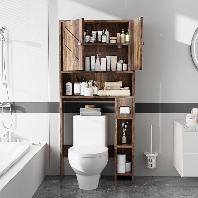 Meilocar Over Toilet Storage Cabinet with Toilet Paper Holder Stand, Freestanding Bathroom Storage Cabinet, Rustic Farmhouse Bathroom Organizer with Adjustable Shelf & Anti-Tipping, Walnut