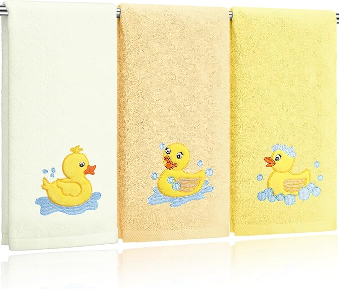 3 Pack Rubber Ducky Coastal Hand Towels for Bathroom 100% Cotton Embroidered Bathroom Towels 13.78 x 29.53 Inch Beach Hand Towels Soft Absorbent Cotton Towel (Yellow, Duck)