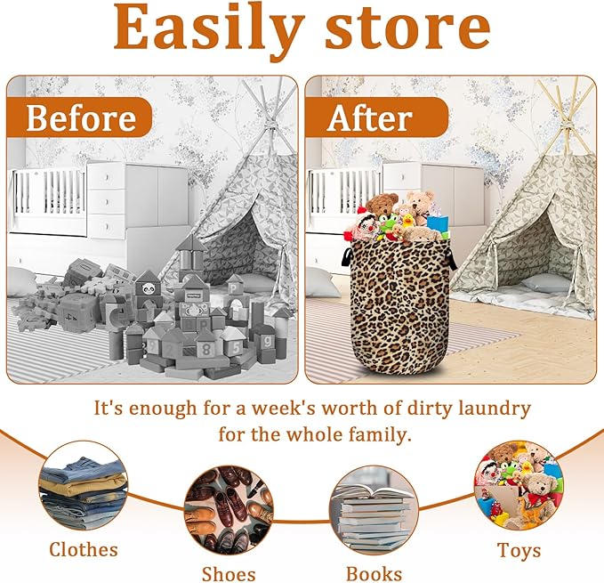 Brown Leopard Laundry Basket with Sturdy Handles, Natural Animal Skin Print Collapsible Oxford Cloth Laundry Hamper Organizer Basket for Bathroom Bedroom 15.7x20 Inch