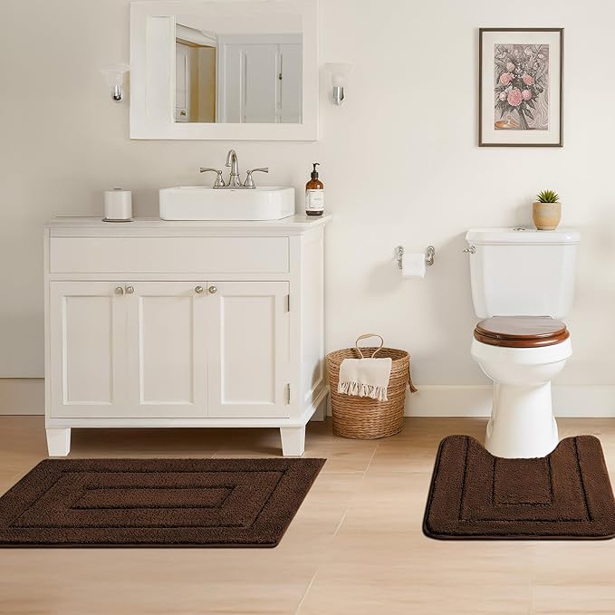GRANNY SAYS Bathroom Rugs Sets 3 Piece, Soft Absorbent Microfiber Bath Mats for Bathroom Non Slip Washable, U-Shaped Toilet Bath Rugs for Tub Shower (Brown, 16" x 24" + 20" x 32" + U Shaped 20" x 24")