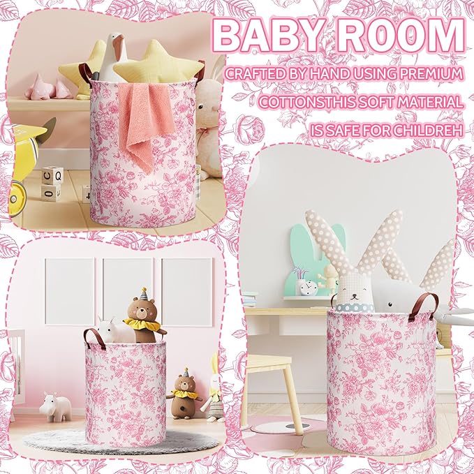 2 Pcs Pink Floral Laundry Basket Coquette Storage Basket for Girls Nursery Hamper with Handles Foldable Waterproof Collapsible Storage Bin Organizer for College Dorms Bathroom
