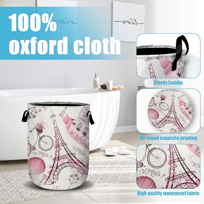 Romantic Paris Eiffel Tower Laundry Basket, Laundry Hamper Collapsible Oxford Cloth with Handle Clothes Toy Storage Bin for Bathroom Laundry Room Bedroom 15.7 X 20 Inch