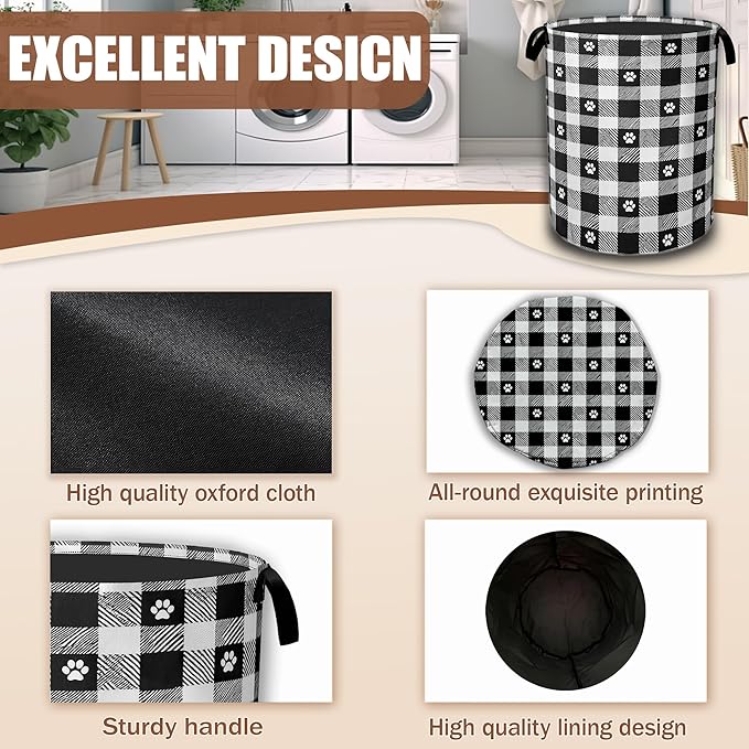 Black White Plaid Laundry Basket,Waterproof Foldable Cat Paws Laundry Hamper,Dirty Clothes Basket, Linen Bin Storage Organizer Collection 16" x 20.8"