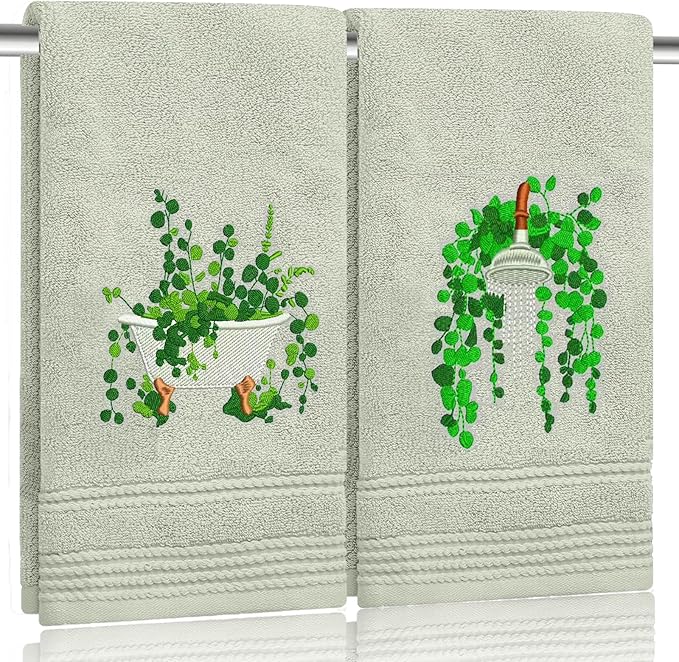 2pcs Eucalyptus Hand Towels for Bathroom Decorative Towels Set 100% Cotton Green Leaves Embroidered Botanical Spring Summer Floral Bath Towels Dish Kitchen Towels Kitchen Bathroom Decor Gift