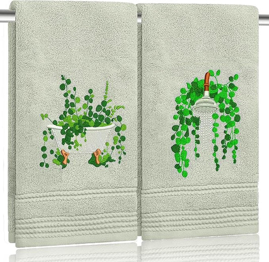 2pcs Eucalyptus Hand Towels for Bathroom Decorative Towels Set 100% Cotton Green Leaves Embroidered Botanical Spring Summer Floral Bath Towels Dish Kitchen Towels Kitchen Bathroom Decor Gift