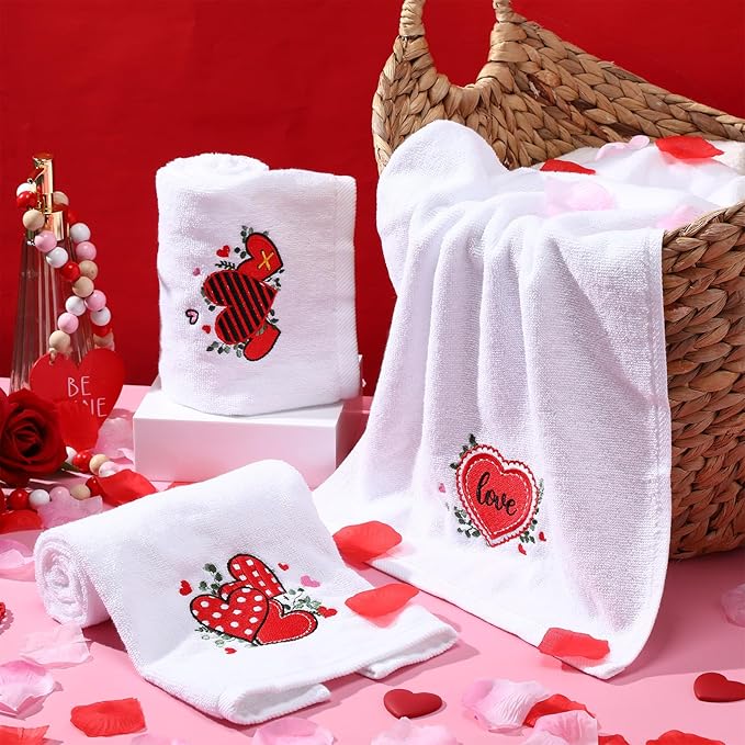 3 Pack Valentine's Day Bath Hand Towels Embroidered 100% Cotton 13.7 x 29.5 in Valentines Red Heart Love Bathroom Kitchen Decorations Valentines Day Dish Towel Gift Set(White,Eucalyptus)