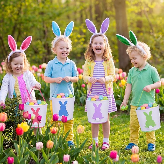 Domensi 4 Pcs Bunny Easter Basket Bags with 4 Plush Bunny Headband for Kids Adults Small Canvas Easter Baskets Bulk for Egg Hunt Favor; 9 x 9.45 Inches