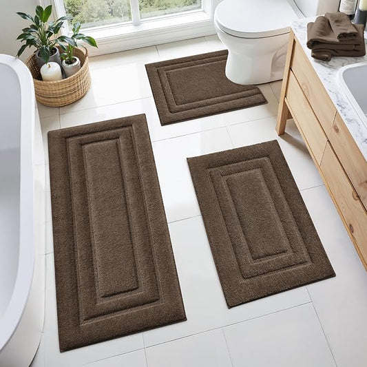 HOMEIDEAS Bathroom Rugs Sets 3 Piece, Microfiber Shaggy Bath Mat Set, Non-Slip Ultra Soft Carpet Mats, Large Rugs with U-Shaped Toilet for Bathroom, Tub, Shower, Brown