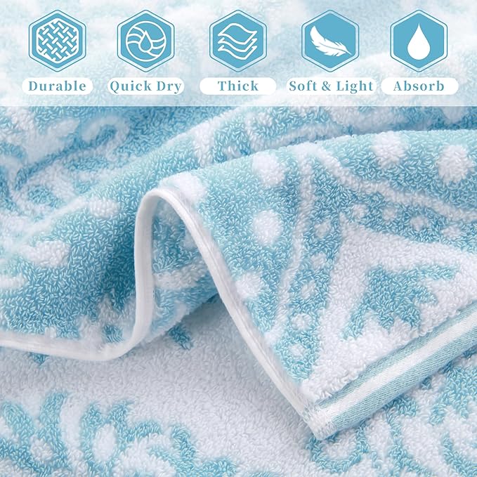 Hand Towels for Bathroom, Bath Hand Towel Set of 4, 16"x27" - 100% Cotton | Quick Dry | Soft | Light Weight | Absorbent, Jacquard Decorative Hand Towels Set, Aqua and White Damask Patterned
