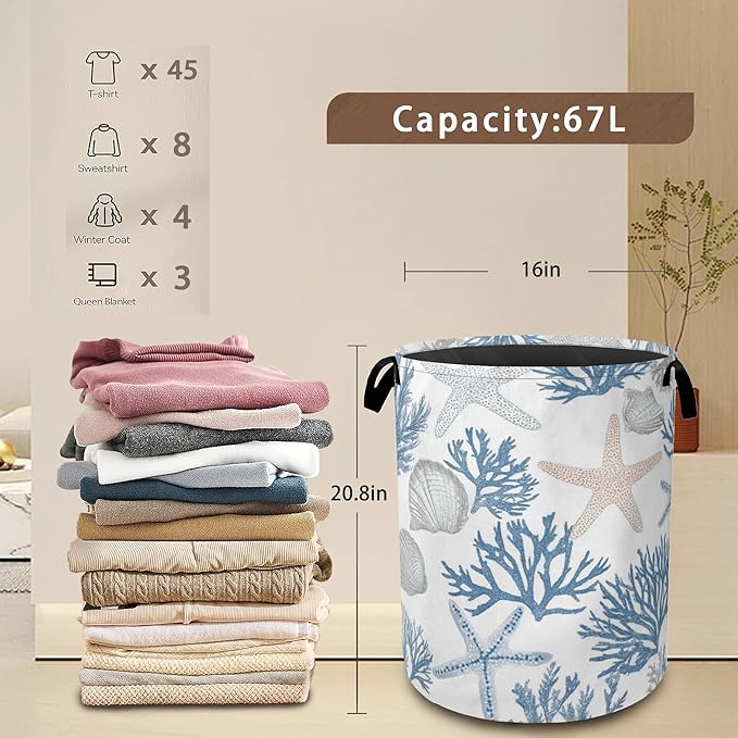 Starfish Seashell Laundry Basket,Coral Collapsible Laundry Baskets with Handles,Waterproof Oxford Cloth Storage Basket 16"x20" for Bathroom/Bedroom/Dormitories