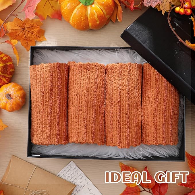 4 Pack Burnt Orange Hand Towels Waffle Striped Pattern 100% Cotton Soft Hand Towels for Bathroom 13 x 29 Inch Absorbent Waffle Washcloths for Bathroom Kitchen