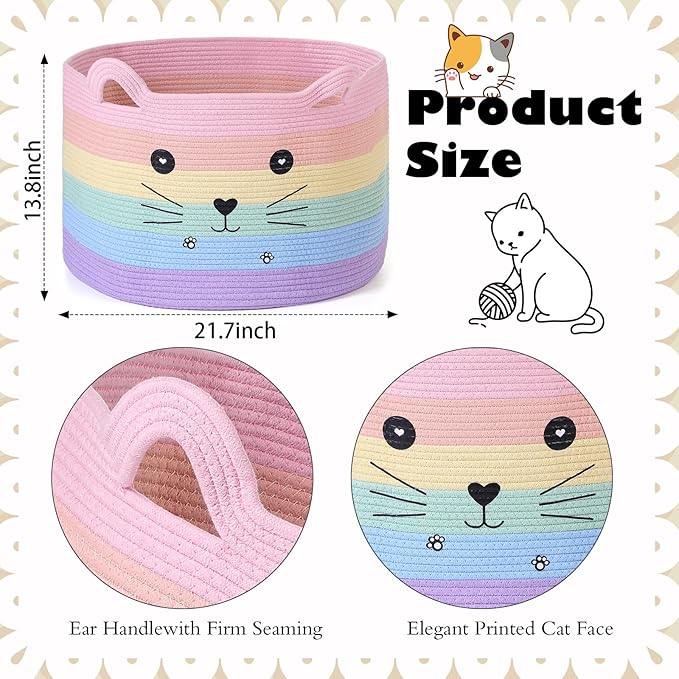 Zopeal Cat Basket Storage Woven Organizer with Ears Christmas Decorative Pet Toy Cute Cotton Rope Basket for Gift Cat Dog Toy Bin Nursery Room(21.7 x 13.8 Inch,Macaron Color)