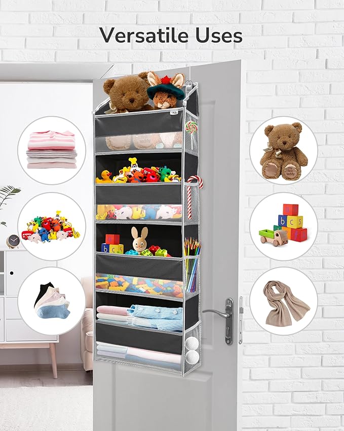 ULG 1 Pack Over Door Organizer with 4 Large Pockets 6 Mesh Side Pockets, 36 lbs Weight Capacity Hanging Storage Organizer with Clear Window for Bedroom Nursery, Baby Kids Toys, Diapers, Dark Grey