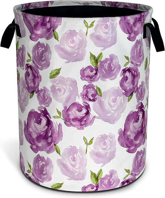 Purple Watercolor Floral Laundry Basket Foldable Oxford Cloth Funny Tote Bag Laundry Hamper Clothes Storage Bucket Organizer For Bathroom/Laundry Storage/Bedroom 17.7x13.7 Inch