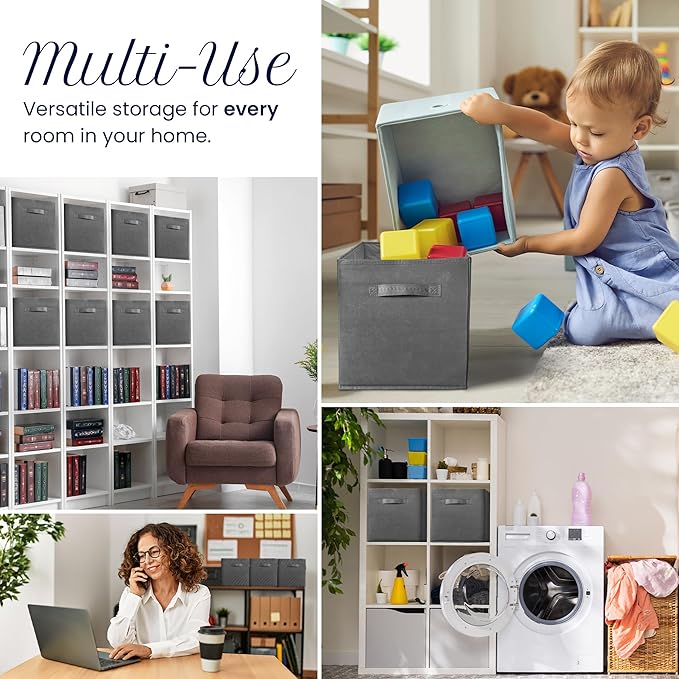 Reli. 13x13x13 Storage Cube Bins (8 Pack) | Large Cube Organizer Bins | 13x13 Fabric Storage Boxes | Fits Kallax | Collapsible, Foldable Fabric Cubby Box (Square) | Kids Room Organization (Dark Gray)