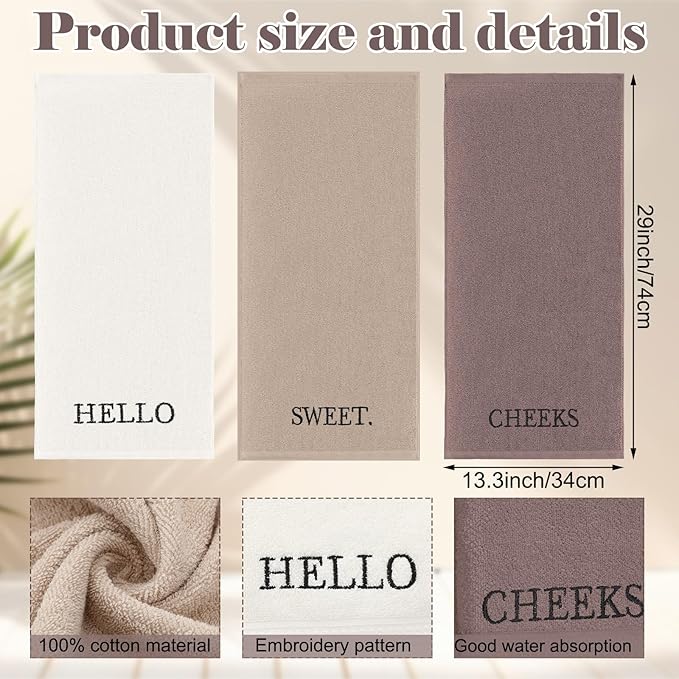 3 Pcs Hello Sweet Cheeks Hand Towels Farmhouse Decorative Embroidered Bathroom Hand Towels Rustic 100% Cotton Hand Towels Set for Boho Bathroom Kitchen Decor