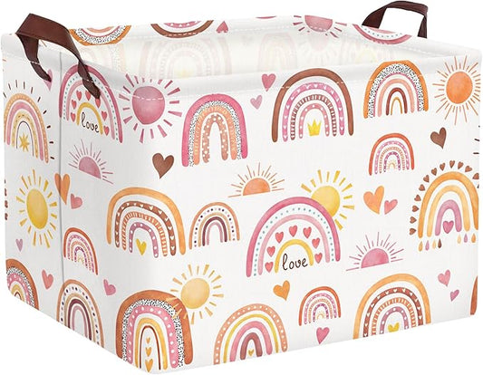 Clastyle Rectangular Boho Rainbow Storage Basket Pink Purple Sun Heart Girl Clothes Hamper Toy Book Shelf Basket for Kid Room Decor Kindergarten