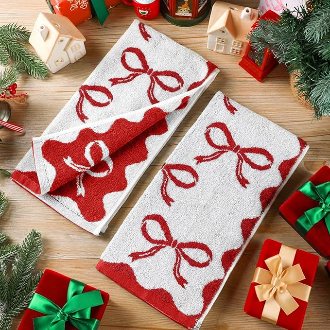 4 Pcs Christmas Bow Hand Towels for Bathroom 13 x 29'' Soft 100% Cotton Red Christmas Face Towel Kitchen Decor Absorbent Preppy Bathroom Decor Bridal Shower Wedding Gift