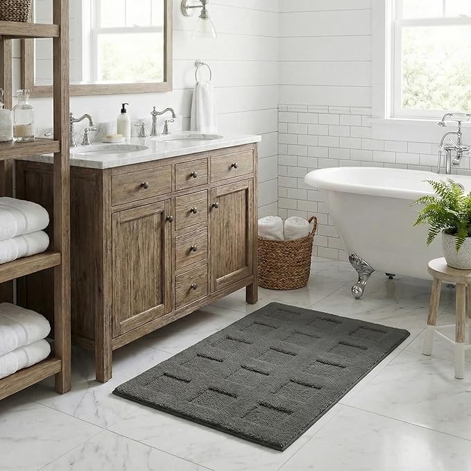 GRANNY SAYS Bathroom Rugs Non Slip Washable, Extra Soft & Water Absorbent Bath Mats for Bathroom, Plush Shaggy Bath Carpet, Deep Grey Waffle Bath Mat Quick Dry for Tub & Shower 16" x 24"