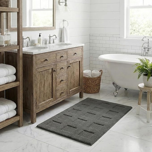 GRANNY SAYS Bathroom Rugs Non Slip Washable, Extra Soft & Water Absorbent Bath Mats for Bathroom, Plush Shaggy Bath Carpet, Deep Grey Waffle Bath Mat Quick Dry for Tub & Shower 20" x 32"