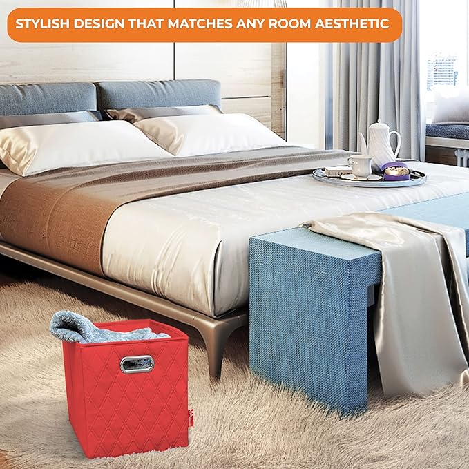 FH Group JIAessentials 11" Faux Leather Foldable Storage Cube Bins Set of 2 – Red Diamond Patterned Organizers with Handles for Closet & Shelves