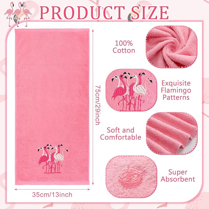 2 Pcs Flamingo Hand Towels Hot Pink Bathroom Decor 14x29 Inch Embroidered 100% Cotton Soft Absorbent Spring Summer Decorative Hand Towels for Bathroom Kitchen