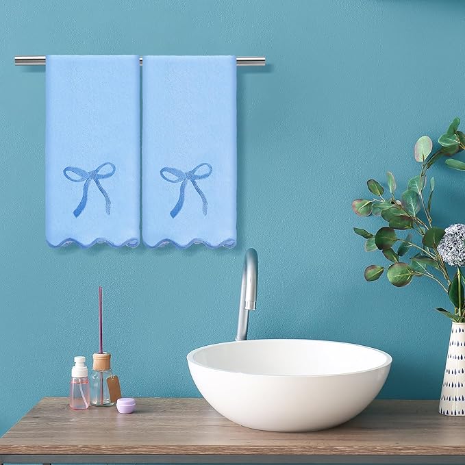 2 Pcs Blue Scalloped Hand Towels for Bathroom 26 x 13 Embroidery Coquette Bow Hand Towels 100% Cotton Soft Absorbent Boho Bath Decor for Kitchen Bathroom