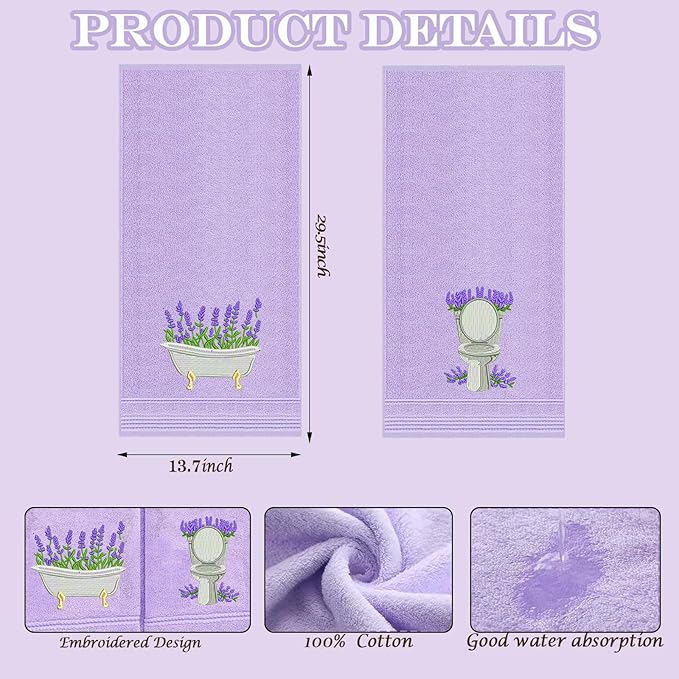 2pcs Purple lavender Hand Towels for Bathroom Decorative Towels Set 100% Cotton cute Embroidered Spring summer floral bath towels dish kitchen towels Farmhouse Bathroom Decor Gift(Purple lavender)