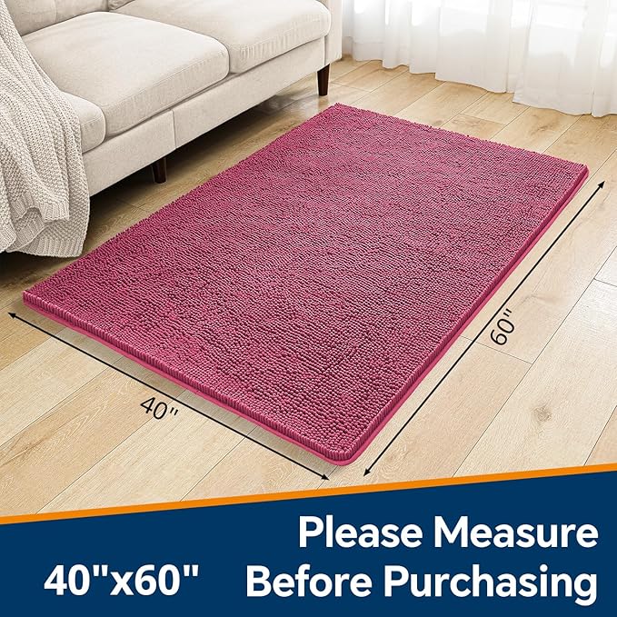 Hot Pink Bathroom Rugs 40"x60" - Large Plush Chenille Non-Slip Runner Bath Mat - Absorbent, Washable, Soft Decor for Shower, Sink, Tub, Floor, Home Accessories