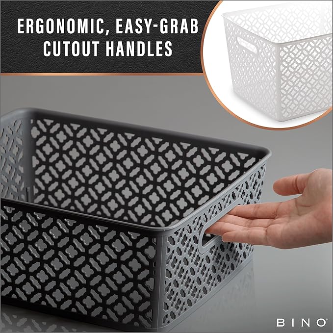 BINO l Plastic Storage Baskets, Large - White | THE BLOSSOM COLLECTION l Multi-Use Organizer Bin l Built-in Handles l Plastic Woven Basket for Organizing l Pantry & Home Organizing Basket