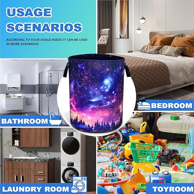 Starry Sky Forest Laundry Basket Oxford Cloth Beautiful Night Laundry Hamper With Handle Foldable Portable Clothes Storage Basket 18.9 X 16.5 In Storage Bag For Laundry Room/Bathroom/Bedroom