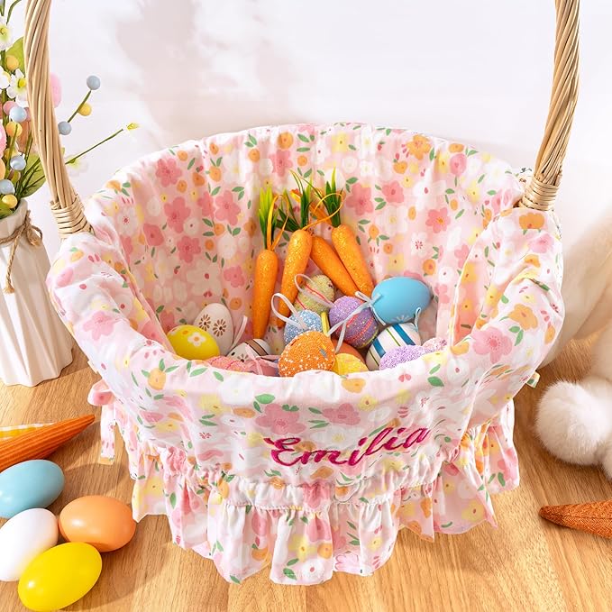 MT WORLD Kids Easter Basket Liner Only Personalized Flower Easter Basket Liner with Embroidered Name Custom Easter Gift for Toddler Girls Baby First Easter Gifts